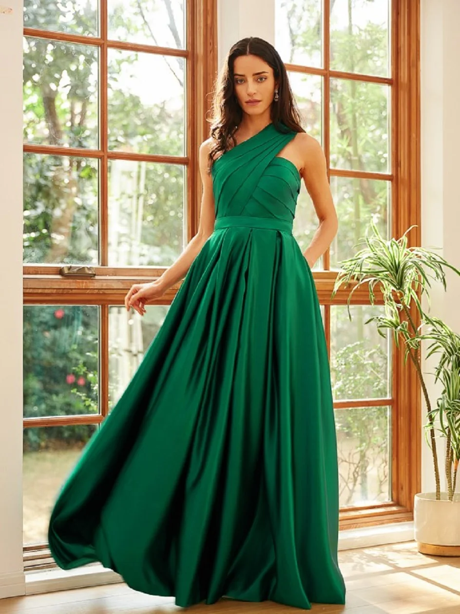 

Sexy One-Shoulder Sleeveless Satin Ruched Prom Dress with Pockets Princess Floor-Length Vestidos De Fiesta Elegantes Para Mujer