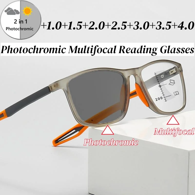 

Ultra Light Sports Photochromic Multifocal Reading Glasses Men Women TR90 Frame Square Outdoor Sunglasses Presbyopia Eyewear+2.0