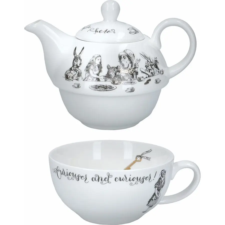 Juego de tetera y taza de Alicia en el País de las Maravillas para 1 persona en caja de regalo, juego de té de porcelana fina, blanco, 250 ml
