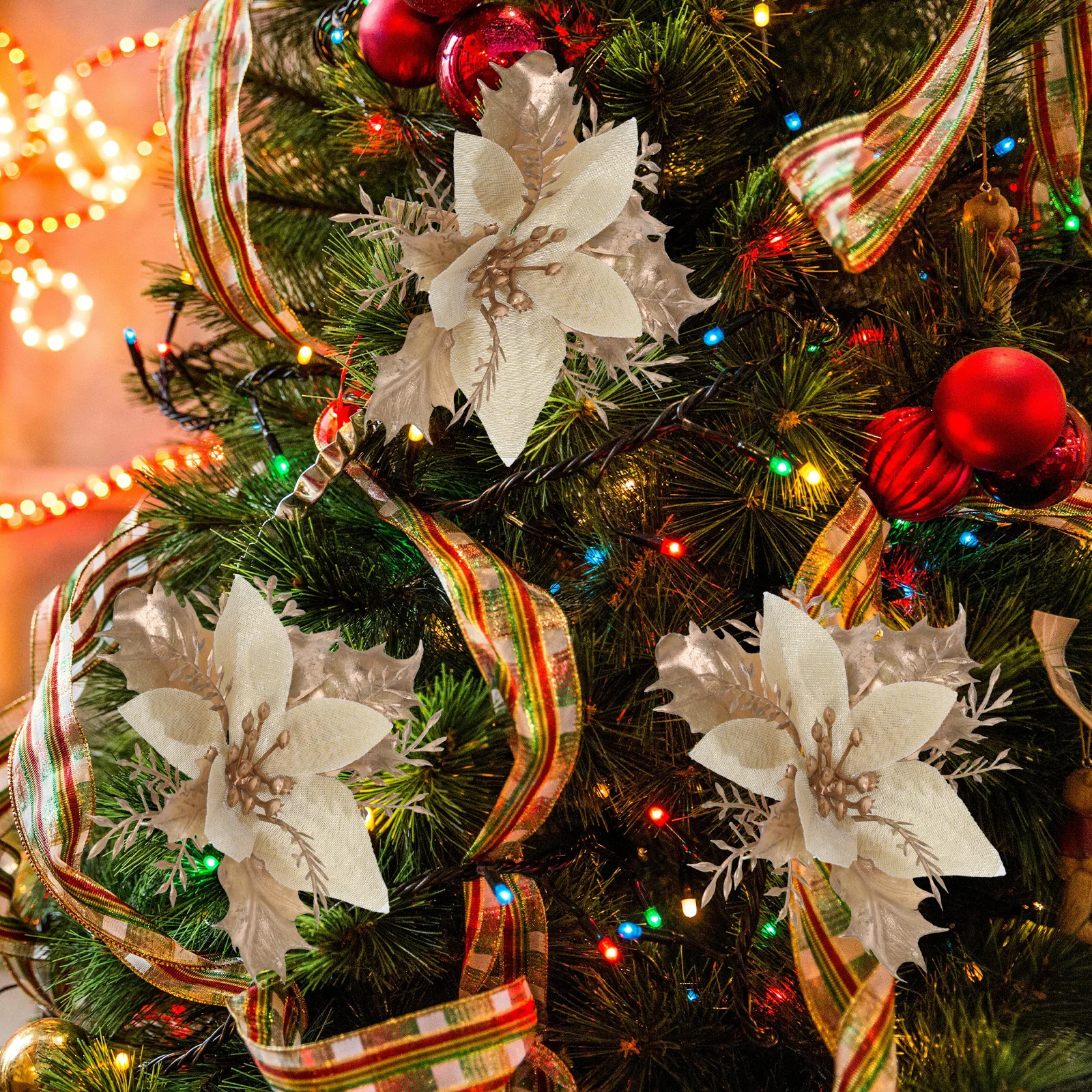 

6 Pcs Christmas Wreath Ornaments Tree Decorations Poinsettia Artificial Flowers Pvc Glitter