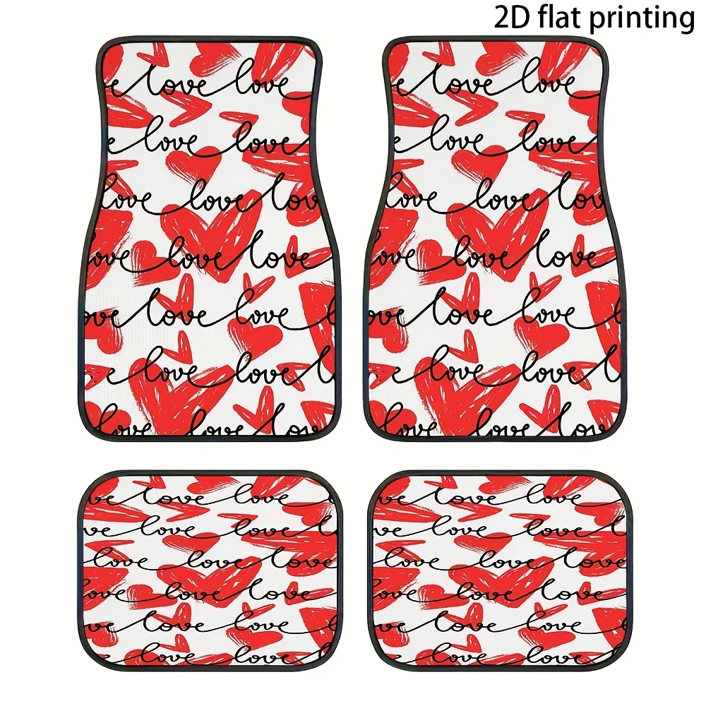 4pcs Car Floor Mats, Featuring A Repeating Pattern Of Red Hearts And The Word 'Love', Made Of Polyester Fiber, Universal Car Mat