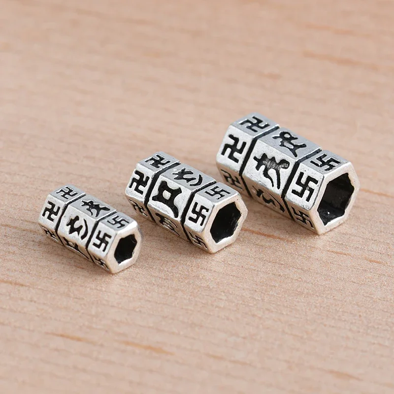 925 Sterling Silver Thai Silver Jewelry Accessories Retro Six Word Mantra Bead Straight Handmade DIY Beaded Braided Accessories