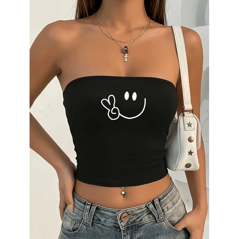 Trendy Y2K Personalized Women'S Slim Tube Top, Easy Line 'Peace' Smiling Face Print Design, Daily Spring/Summer Hot Short Top