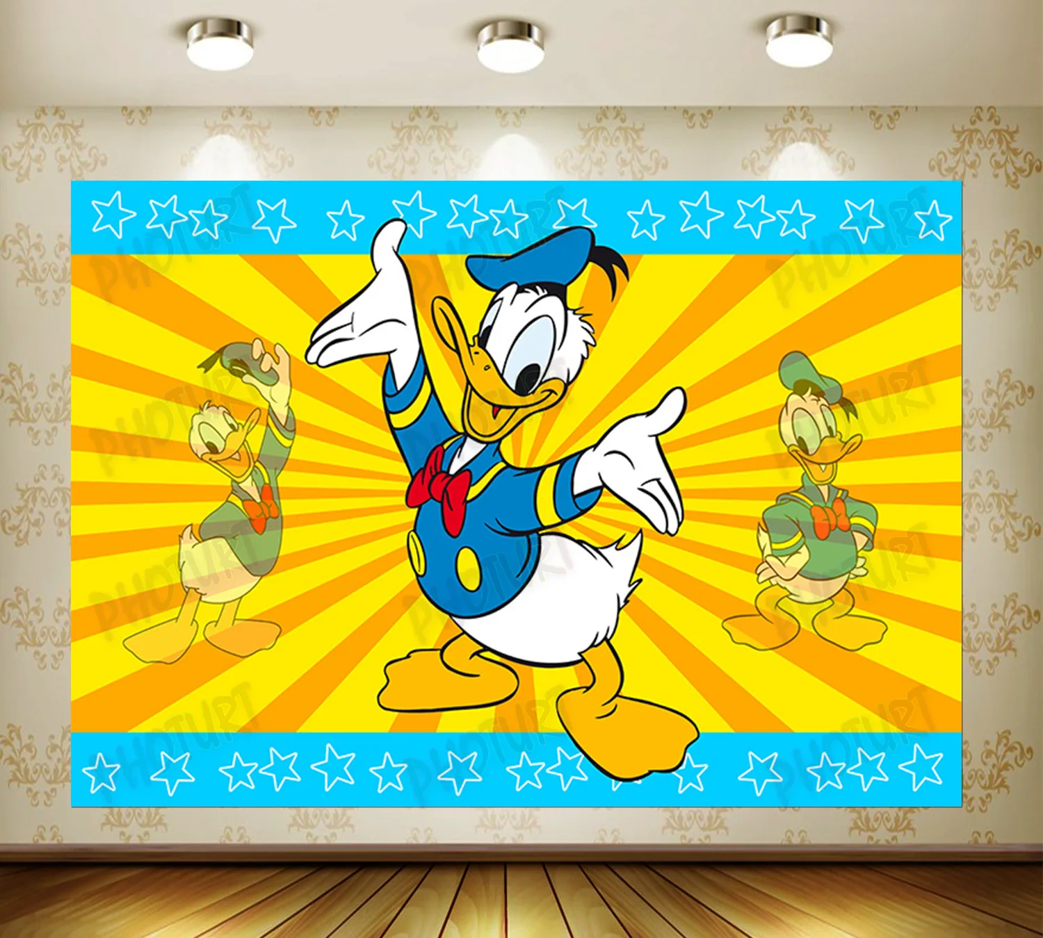 Disney Donald Duck Backdrop Kids Birthday Decoration Background Golden Stripes Stars Vinyl Polyester Photography Decor Props