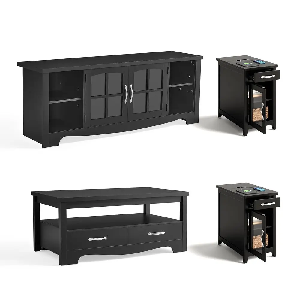 Living Room Table Sets 4 Piece with TV Stand, Farmhouse TV Stand for 65 Inch TV, Coffee Table with Drawers, Two End Table with