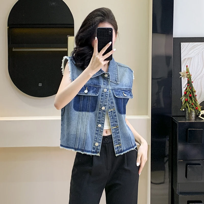 

Свободная повседневная винтажная потертая синяя джинсовая куртка, жилет, новые летние однобортные женские джинсовые куртки без рукавов с отложным воротником