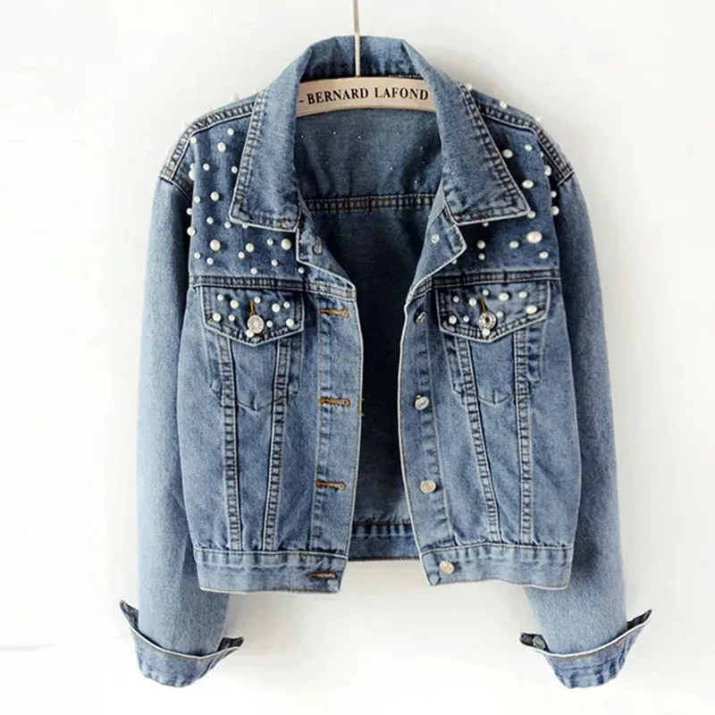 New Autumn Fashion Women Denim Jacket Full Sleeve Loose Button Pearls Short Motorcycle Jacket Lapel Wild Casual Female Base Coat