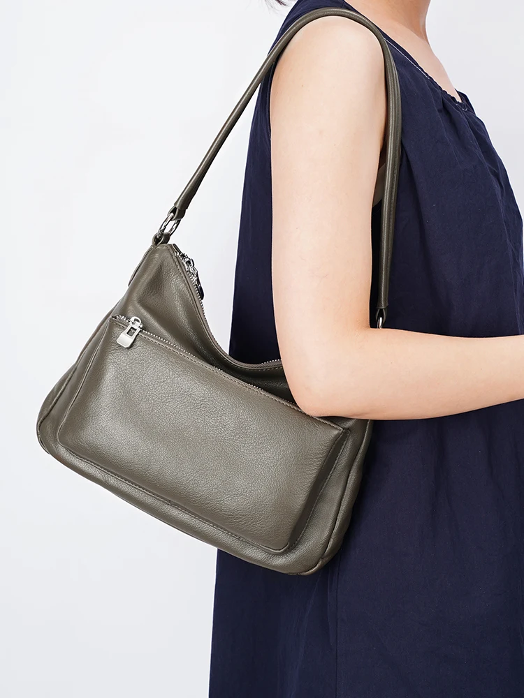 Zency Cowhide Leather Olive Green Handbag Women Shoulder Bag Fashion Multi-functional Pockets Crossbody For Work Commute Shopper