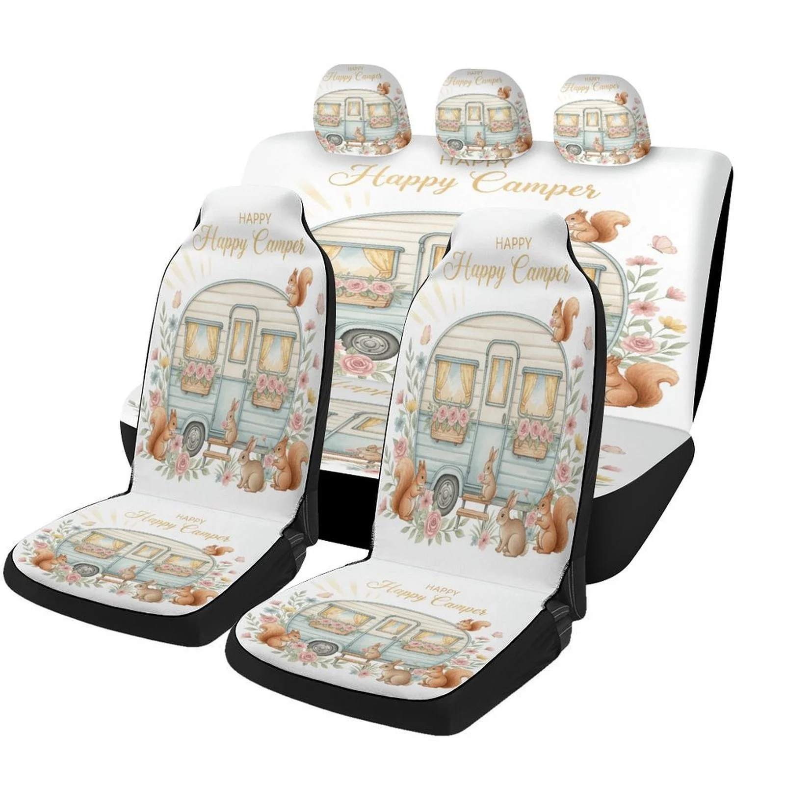 Happy Camper Trailer Themed Car Seat Cover Set For Most Cars, Trendy High-quality Car Seat Protector Covers Full Set, Universal