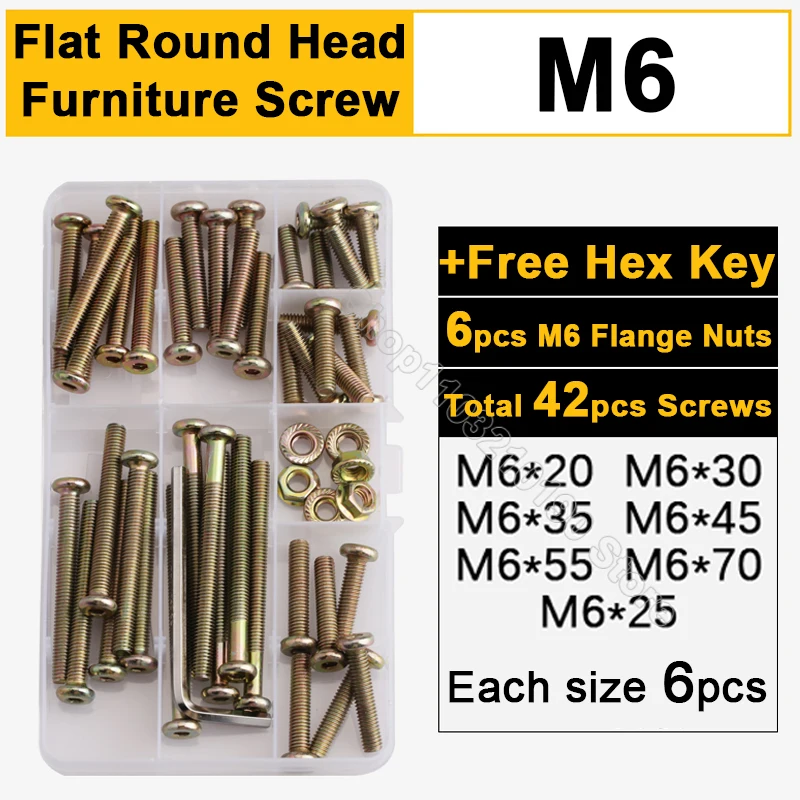 

49Pc M6 Hexagon Socket Furniture Screw Flange Nut Flat Round Head Allen Cap Bolt Assortment Kit For Beds Table With Free Hex Key