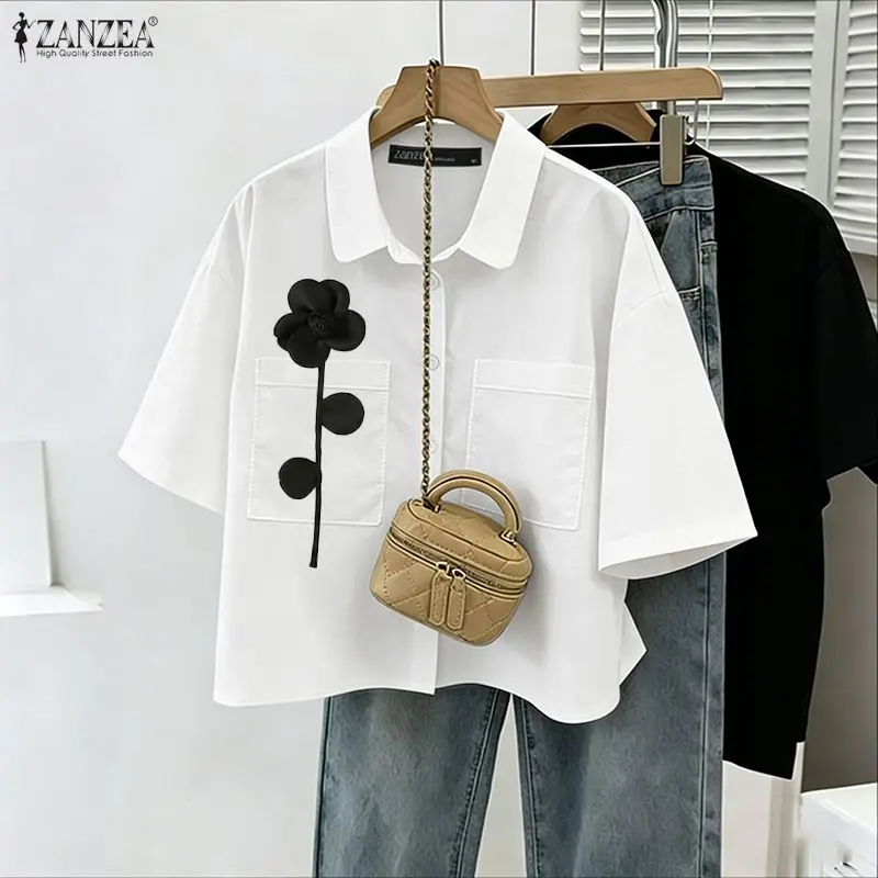 Stylish Summer Shirt 2026 ZANZEA Women Flower Blouse Lapel Neck Short Sleeve Tops Casual Work Shirt Holiday Buttons Up Blusas