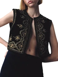 Women Floral Embroidery Vest Vintage Sleeveless Open Front Outwear Gilet Cropped Vests Waistcoat Sequined Velvet Tops