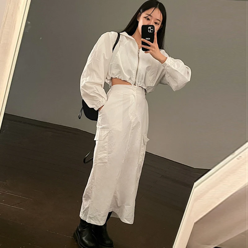 Conjunto de falda y chaqueta corta con cuello levdo para mujer, ropa de trabajo de cintura alta, estilo coreano, Vint...