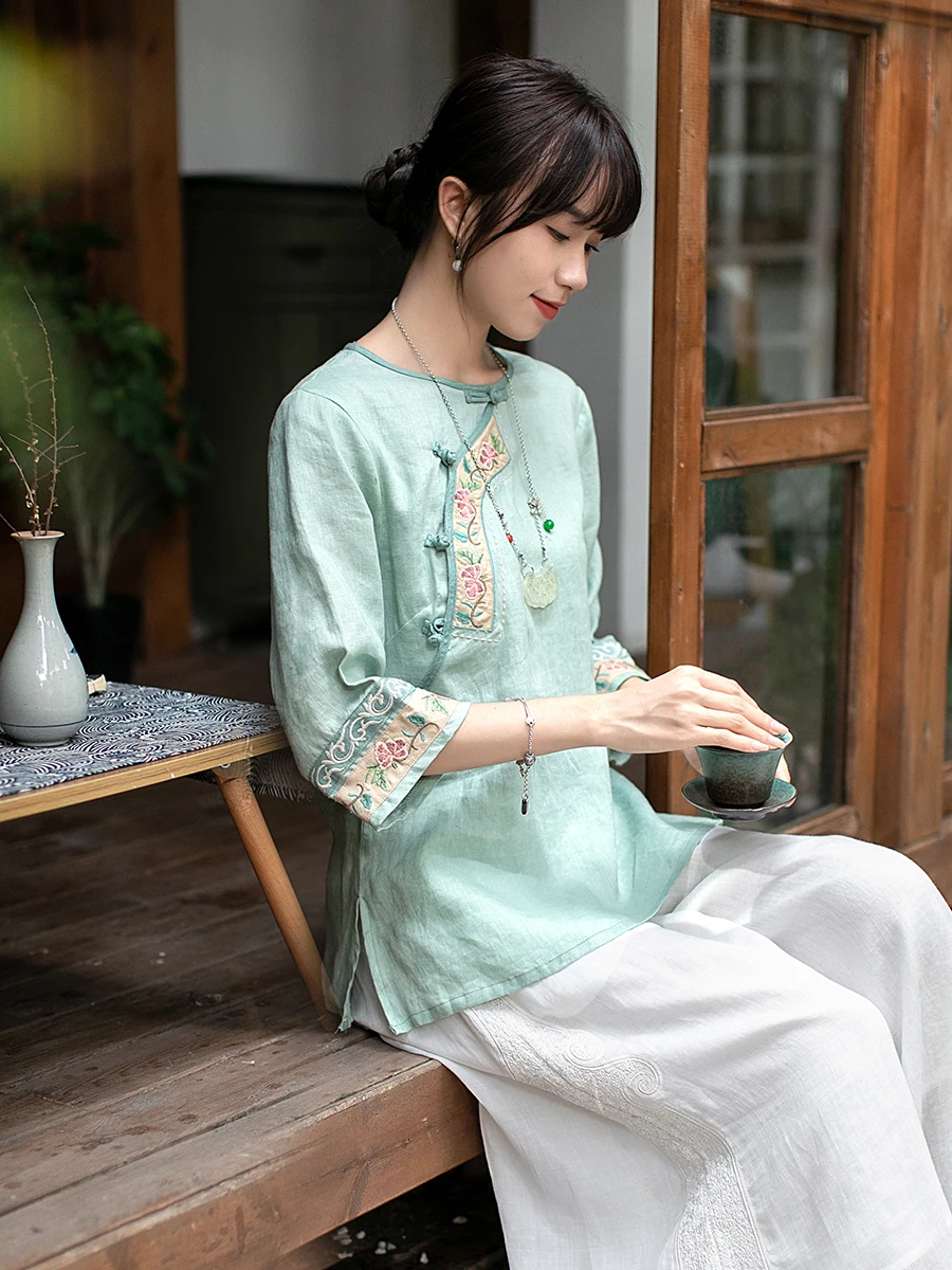 

Yuanzheng Summer Autumn New Linen irt Retro Button up Top Seven Sve Wind Embroidery Chinese Sle Tea Clothing Women's F...