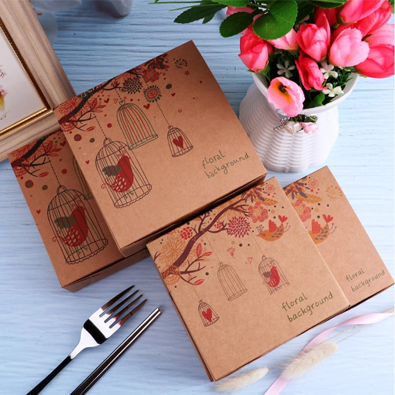 10pcs 12*12*5cm Flower and Bird Kraft Candy Box Handmade Dessert Box Tote Bag Cookies Gift Paper Party Birthday Wedding supply