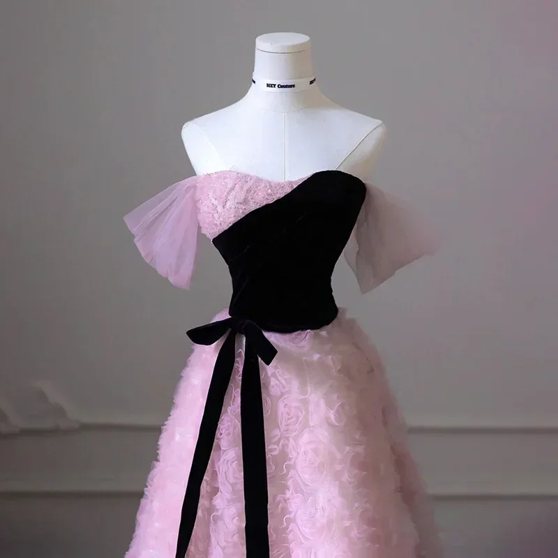 Abendkleid rosa Rose Tüll schwarzer Samt träger lose abnehmbare Ärmel a-Linie boden lang plus Größe Frauen Party formelle Kleider