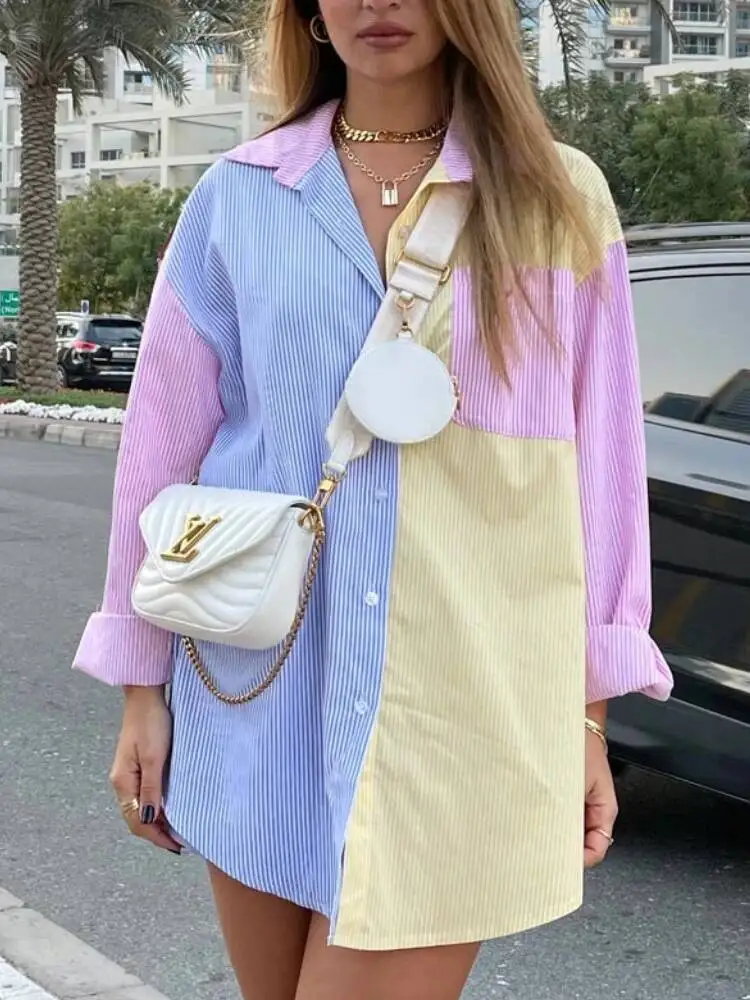 

New Fashion Loose Striped Shirts Chic Casual Blouse Female Tops Casual Lapel Oversized Lace Up Women Shirts Blouses Women Tops