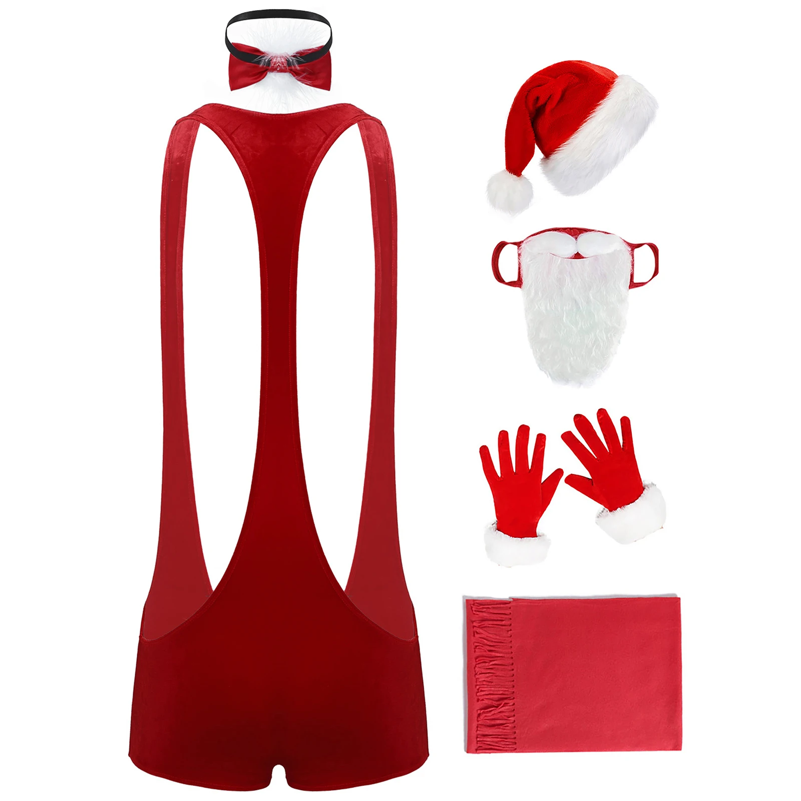 Costume natalizio da uomo Lingerie Body da Babbo Natale con papillon e cappello Guanti da barba Sciarpa Puntelli Set Carnevale serale di Capodanno