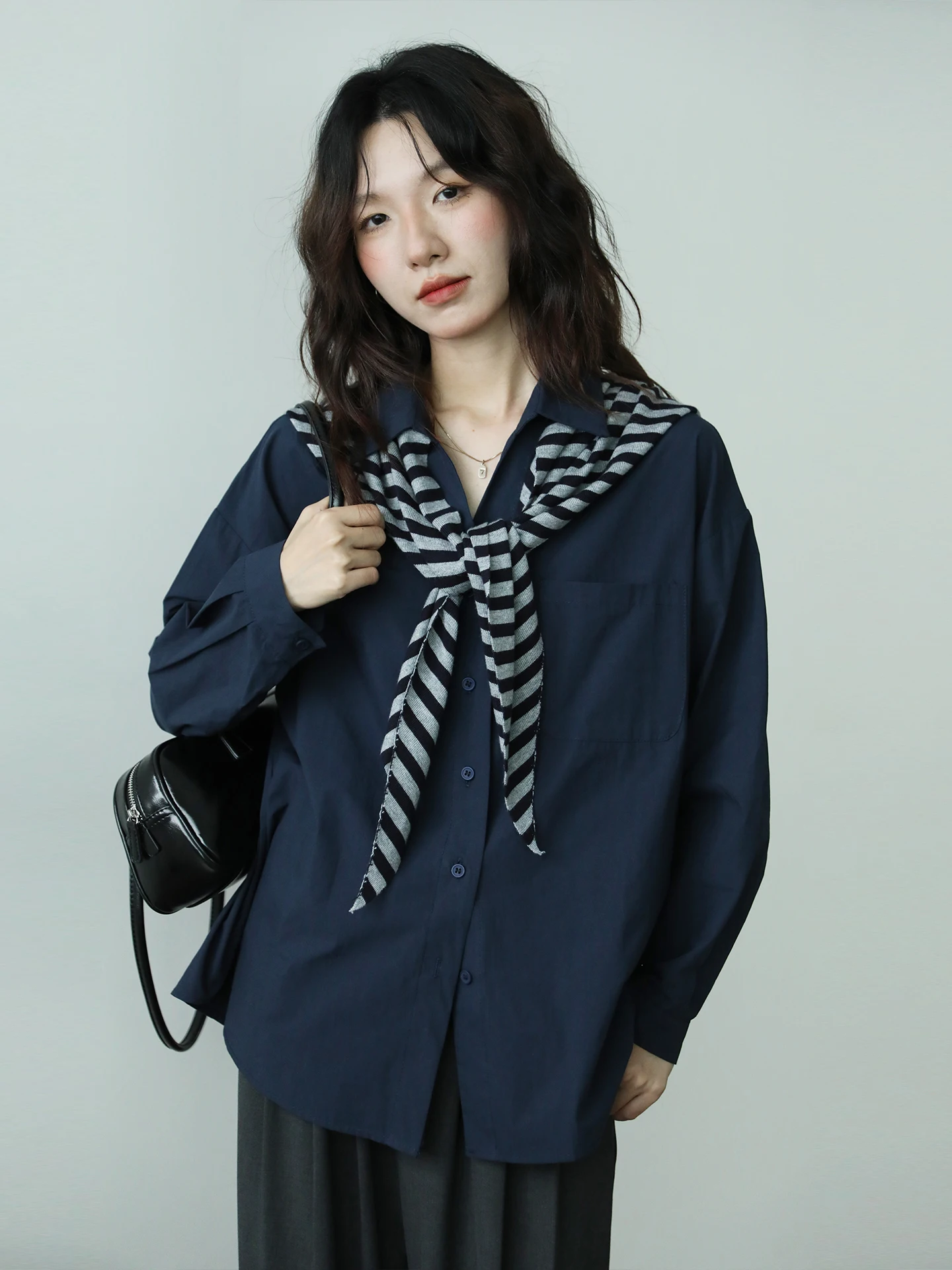 

Striped awl Design Pure Color Long Sve irt Women's Autumn Winter New Simple Commute Top Cotton Breathable Button up