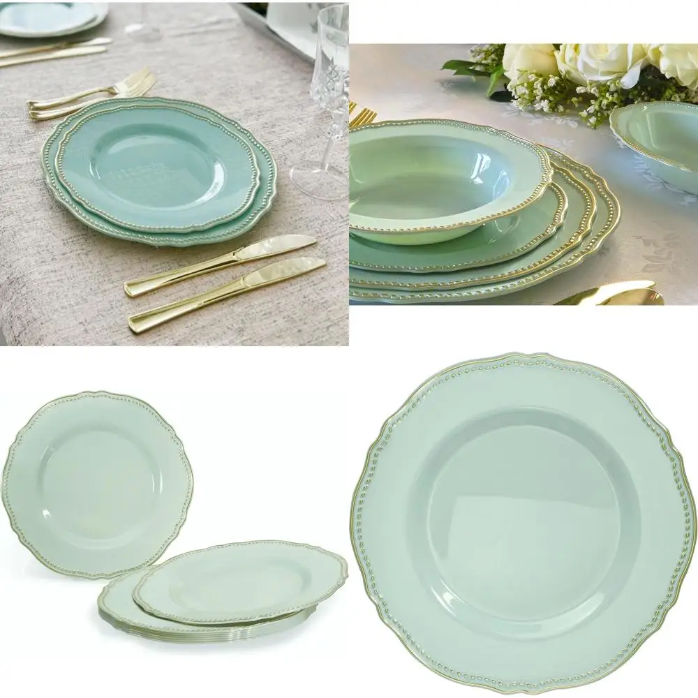 

Premium 60-Piece Heavyweight Plastic Wedding Party Plates, 7.5 Appetizer/Dessert, Rochelle Seafoam & Gold