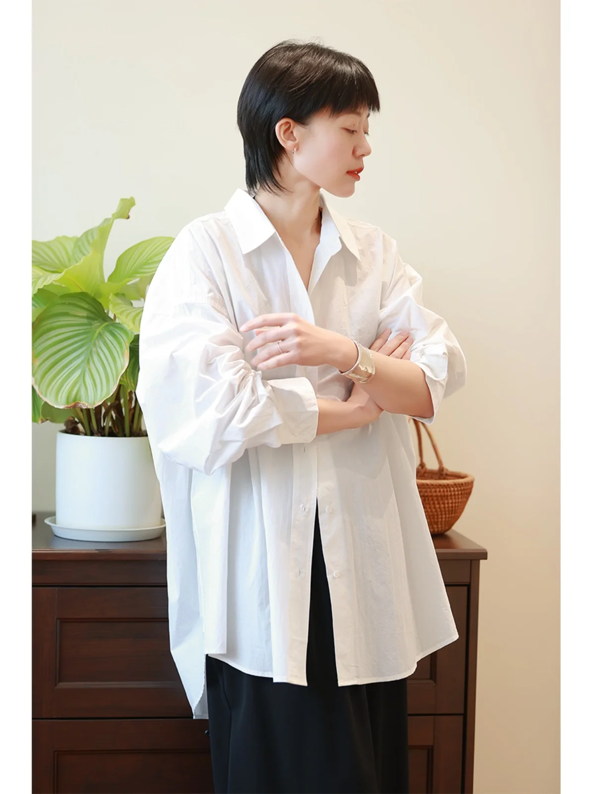

Loose Casual Cotton irt Women's Mid-Length Pure White Comfortable Breathable Button-Up Long Sve Ne Design Sensation