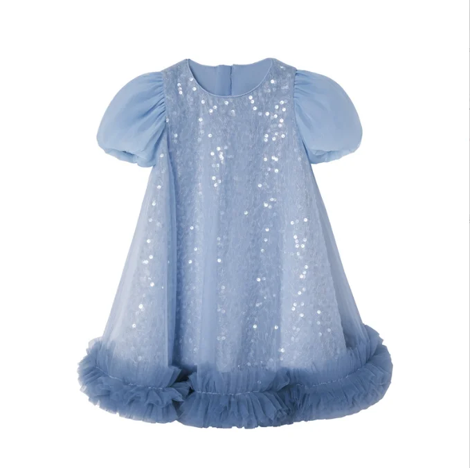 

New Baby Summer Girls Boutique Blue Sequined Mesh Dress, Princess Kids Fashion Party Dresses 2 -7 T