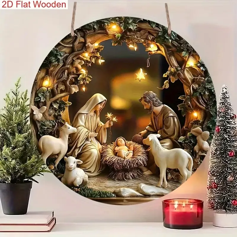 مشهد مدير عيد الميلاد المسطح ثنائي الأبعاد، علامة خشبية، تصميم دائري، ديكور باب جدار الكنيسة، منزل عيد الميلاد المسيحي