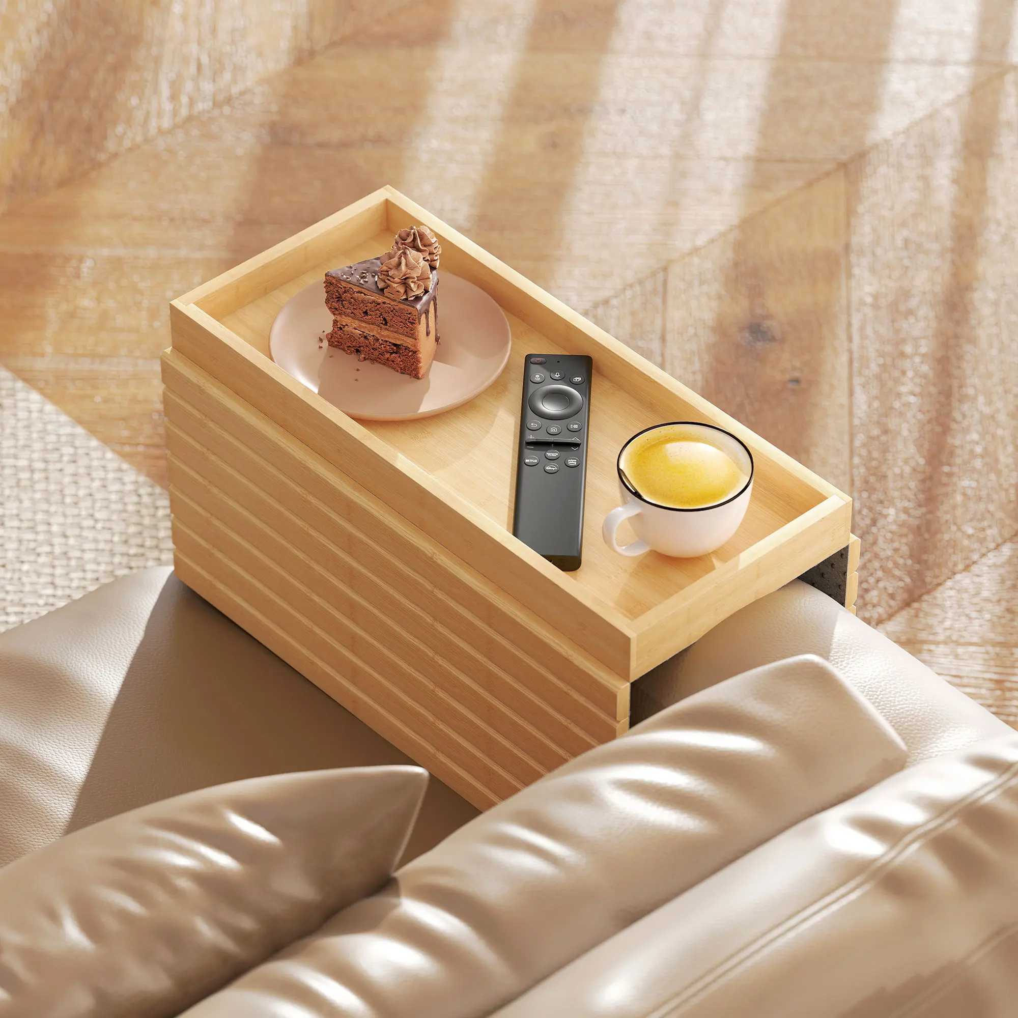 Foldable and Flexible Bamboo Sofa Arm Tray with Non-Slip Base for Snacks, Phones and Drinks