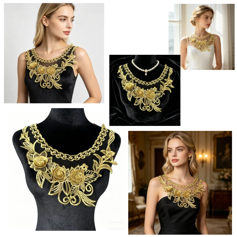 

1 piece of luxurious gold thread embroidered lace collar - 3D floral applique collar patch, thick black mesh sewing trim, suitab