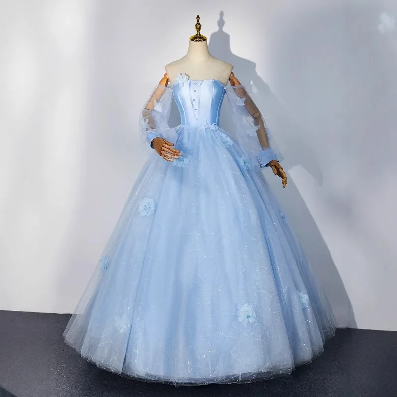 

Evening Dress Performance Stage Skinny Female Blue Strap Quinceanera Dresses Student Art Exam Hosting Blue Ball Gown