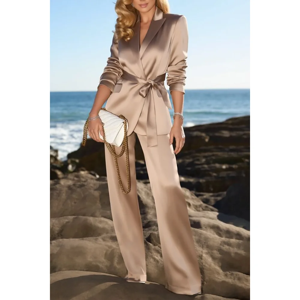 Champagne Satin None Button Peaked Lapel Woman Suits 2 Pieces Blazer+Pants Set Formal Party Sets Office Lady Daily Sets