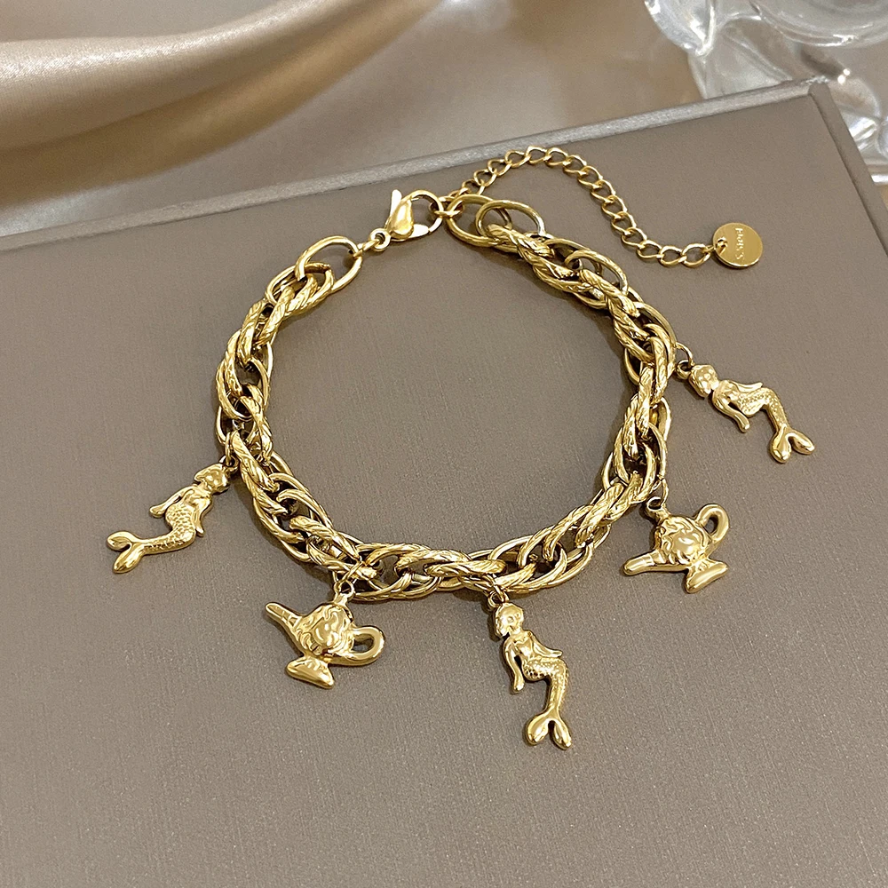 

DODOHAO New Fashion Women's Stainless Steel Bracelet Retro Mermaid Pendant Charm Bracelet Waterproof Golden Bangle Jewelry Gift