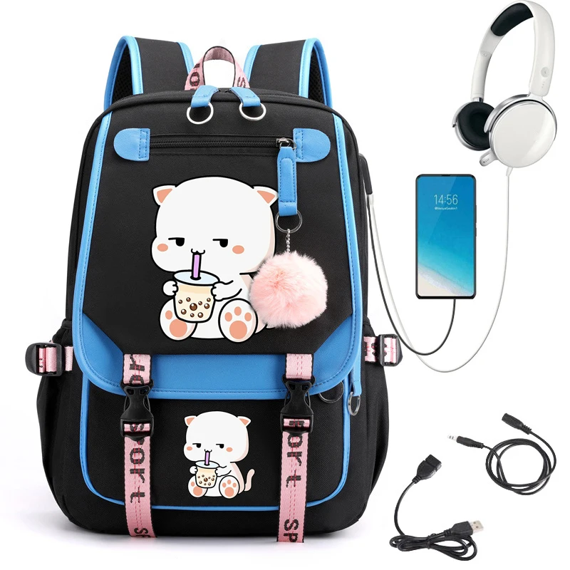 Boba Tea Bubble Tea Cartoon Girls Backpack School Bags for Teenage Girl Multi Pockets Kawaii Backpack Women Travel Anime Mochila