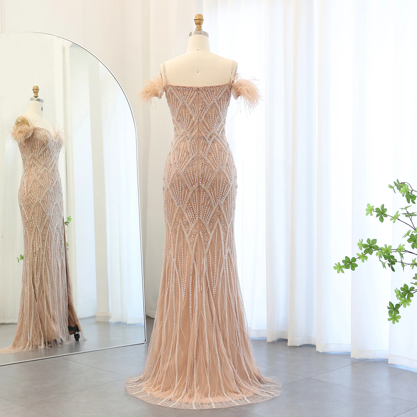 شارون سعيد الأزرق حورية البحر الفاخرة الريش فساتين السهرة حفل زفاف الشمبانيا مطرز طويل حفلة موسيقية فساتين رسمية SS179 مخصصة