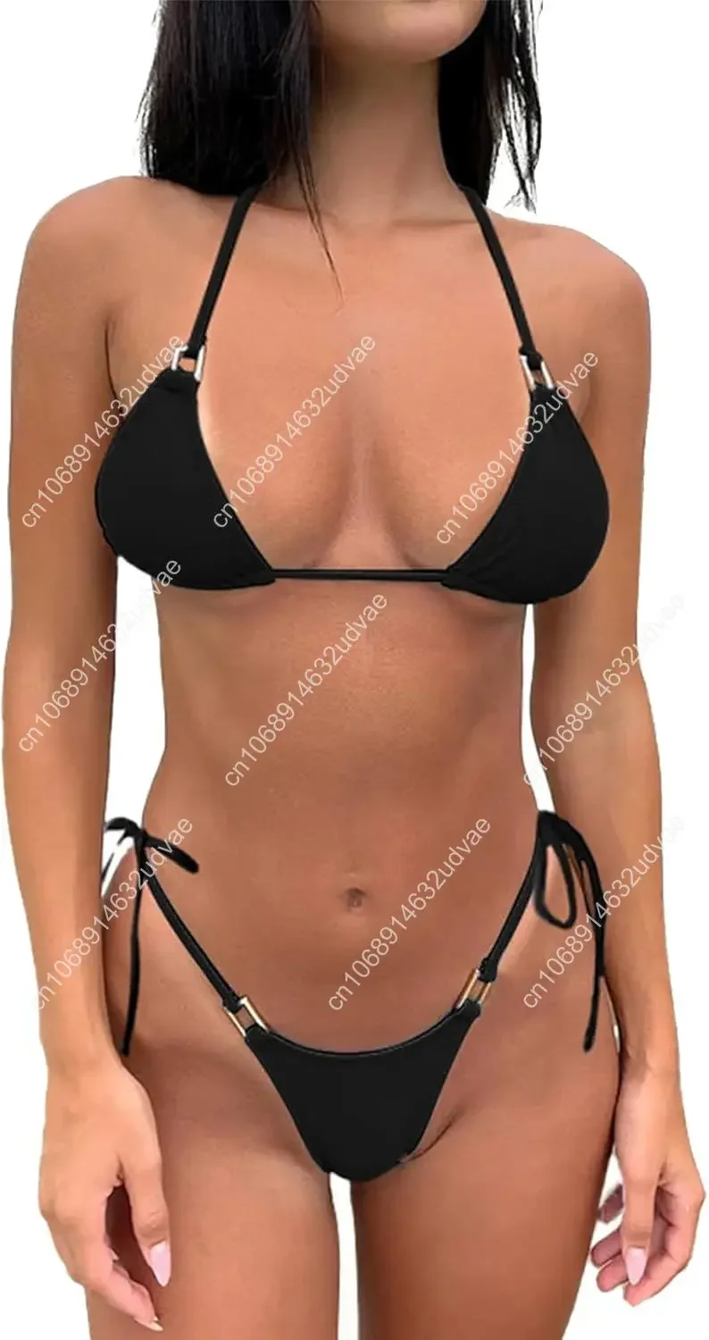 Thong Bikini Set Women Halter String Bikini Cheeky Sexy Two Piece Swimsuit Adjustable Bathing Suit Swimwear
