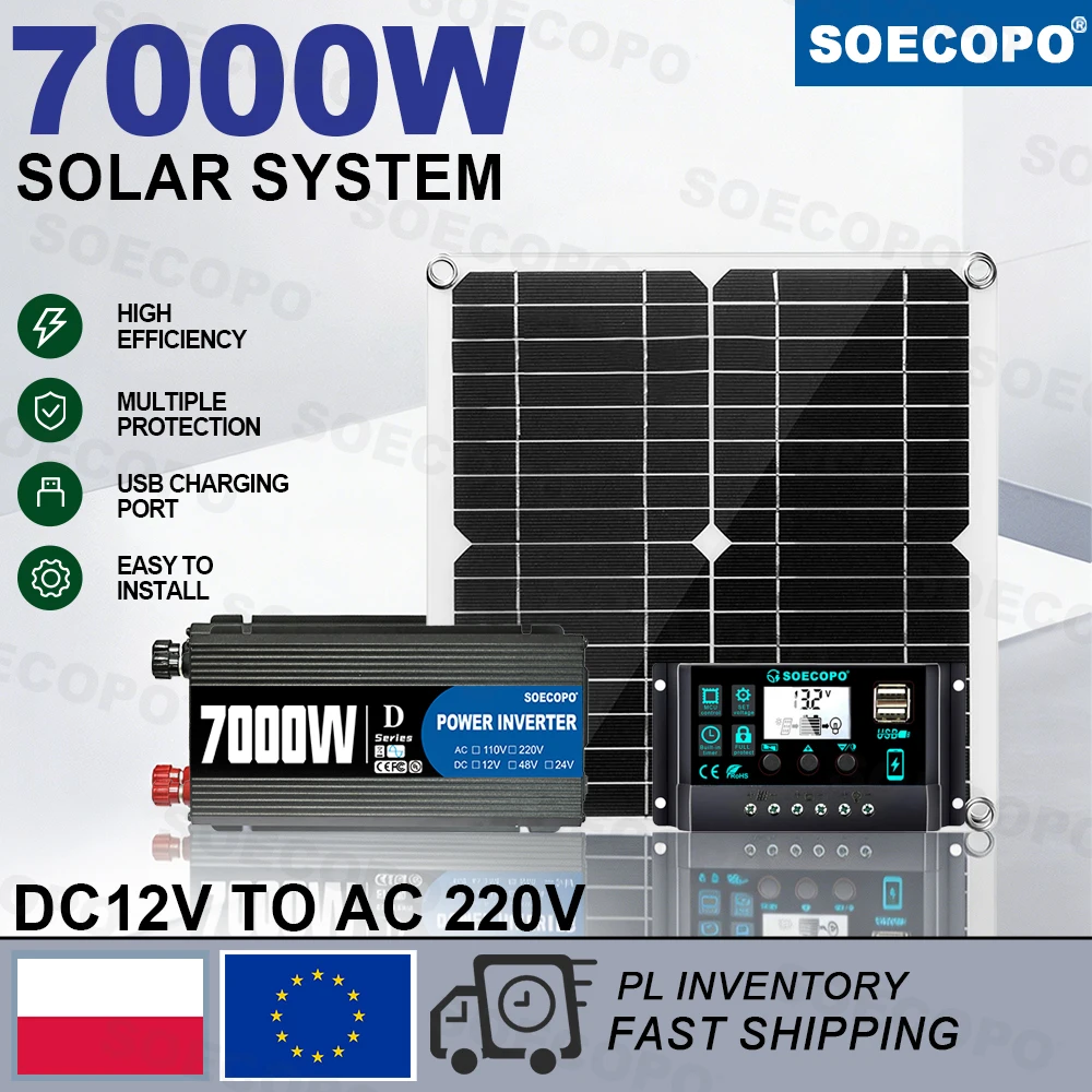 SOECOPO 7000W Peak Komplettes Off-Grid-Solarsystem-Kit, Flexibles Solarmodul + 750W Nennleistungswechselrichter der D-Serie + LCD-Solarregler, DC 12V zu AC 220V, Polnisches Lokales Lager Schneller