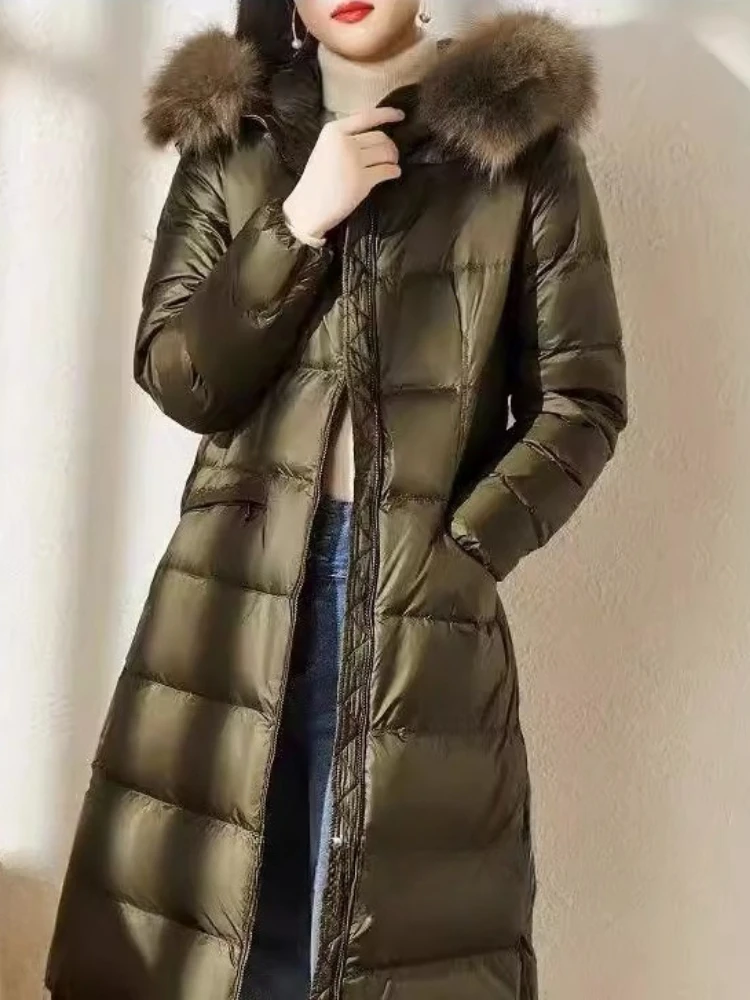 Luxury Brand High Quality Winter New Mid-length Down Coat for Women Warm Slim Down Jacket Hood Large Fur Collar Thickened A-line