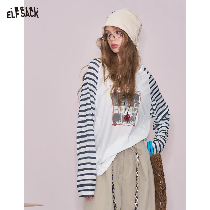 ELFSACK 2025 Summer New Arrival Cool Casual Striped Shoulder Print Long-Sleeved Graphic T-shirt Hoodie For Woman