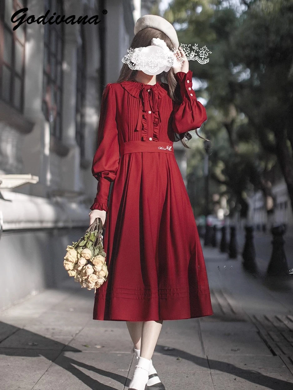 Original Retro Elegant Black and Red Full Sleeve Slim Long Dress Autumn Winter Women's JK Vintage Calf-length Dresses image 3