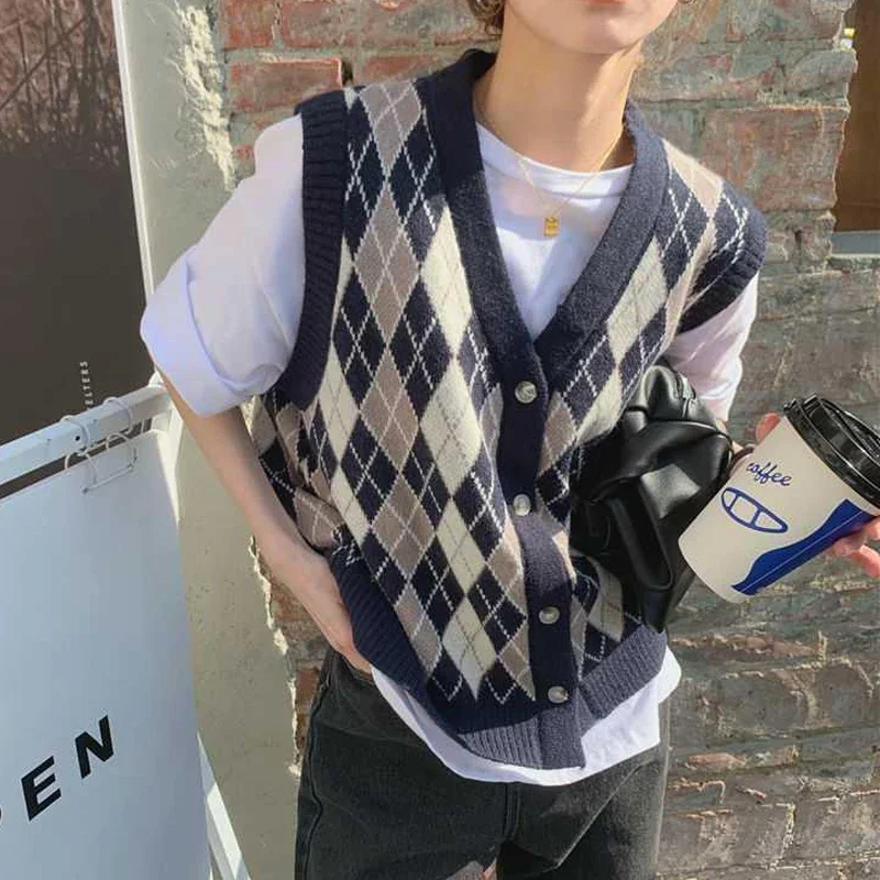 

Women's Vintage Classic Argyle Harajuku Sleeveless Outewear Knitted Sweater Vest Casual Preppy Style V Neck Loose Waistcoat F578