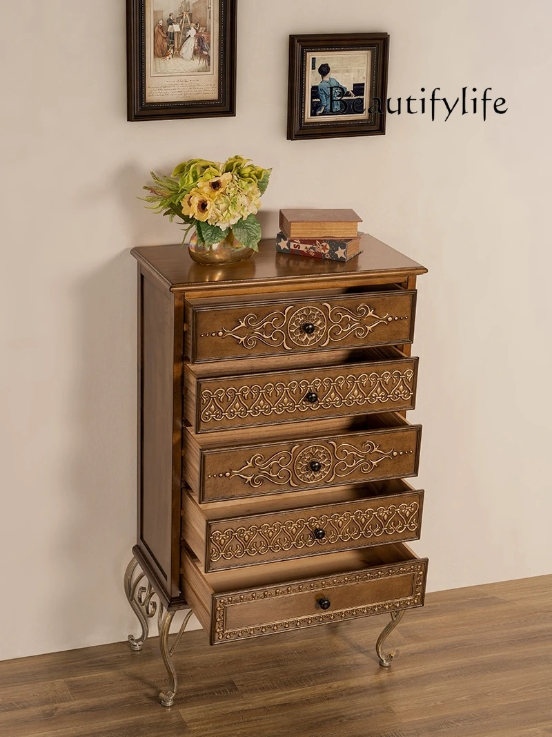 American Retro Chest of Drawers Household Solid Wood Embossed Painted Storage Cabinet