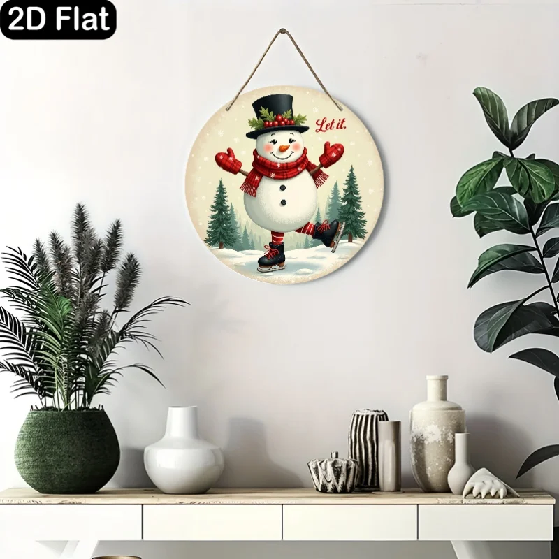 رجل الثلج للتزلج على الجليد يحتفل بتصميم نمط عيد الميلاد، علامة زخرفية مسطحة ثنائية الأبعاد، لوحة خشبية دائرية، هدية ممتازة لـ