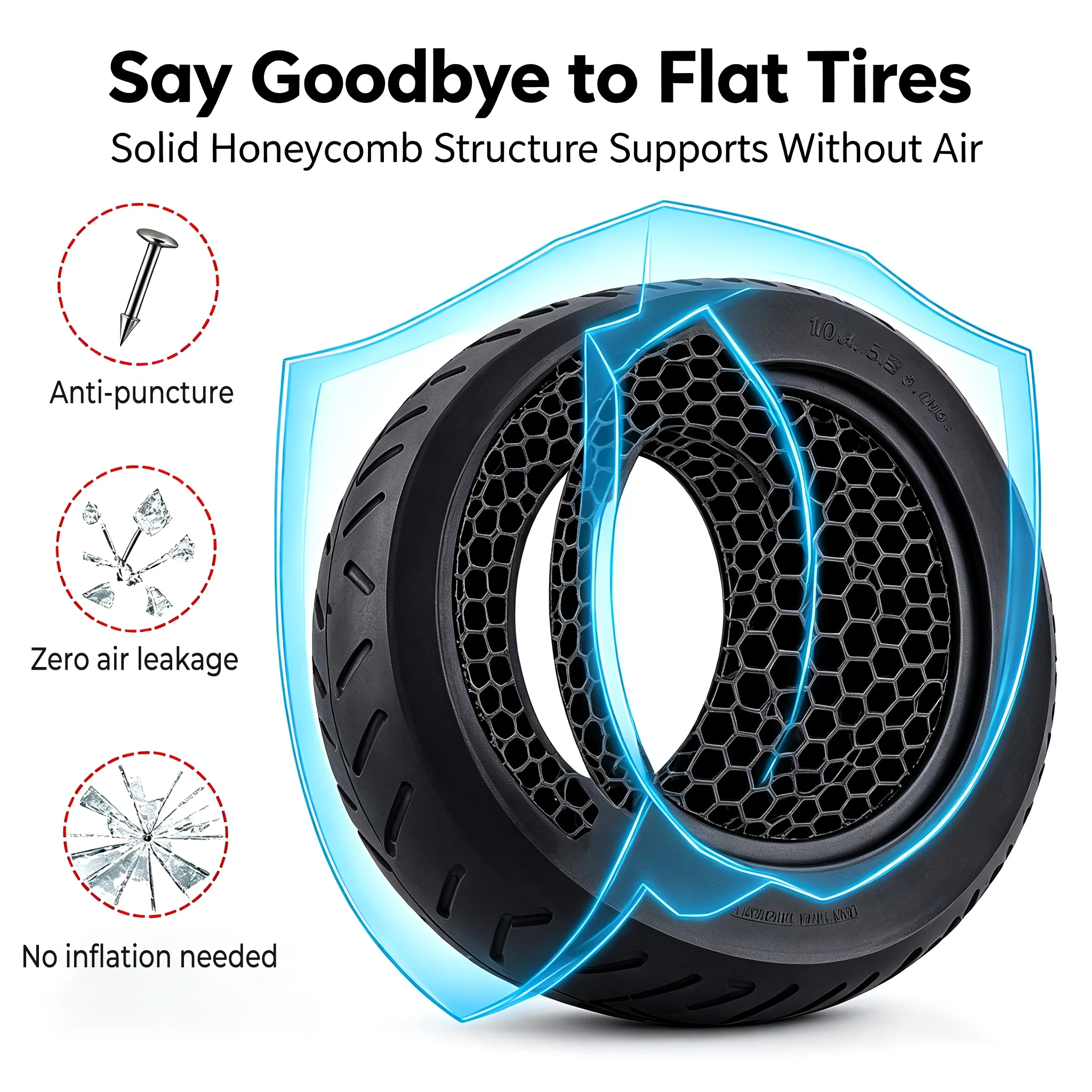 10x2.5 Honeycomb Solid Tire High‑Grip V‑Shaped Tread Non‑Pneumatic Damping Tyre for Kugoo M4 Electric Scooter Replacement Parts