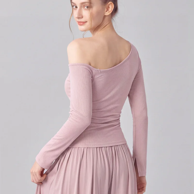 Women Yoga Long Sleeve T Shirt Off Shoulder Slant Neck Waist Belted Padded Bra Pilates Workout Fitness Gym Top woman clothes