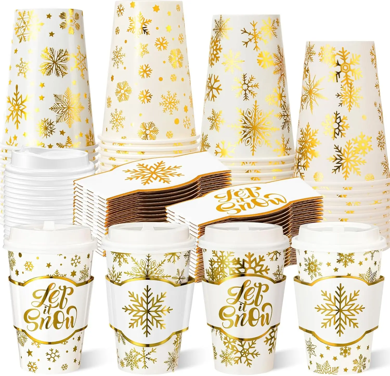 

100 Sets 12 oz Winter Disposable Paper Cups Gold Foil Winter Snowflake Coffee Cups with Lids and Sleeves Bulk for Hot Co