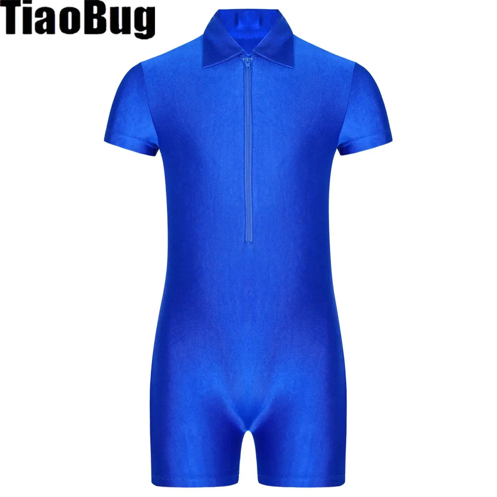 

Kids Boys Zipper Ballet Leotard Turn-Down Collar Short Sleeve Jumpsuit for Training Performance Competition