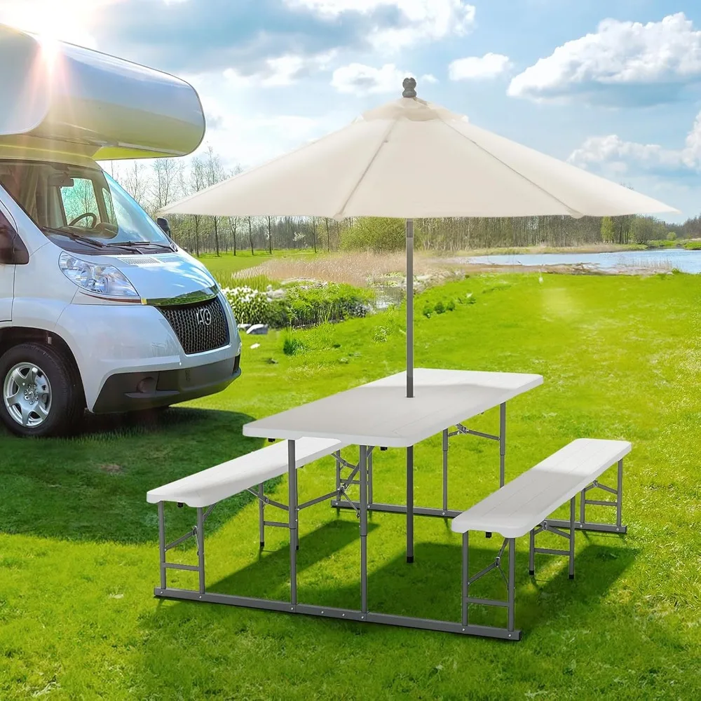

Folding Picnic Table and Bench Set, Portable Outdoor Dining Furniture for Camping, Patio, Backyard, Wood Grain Plastic