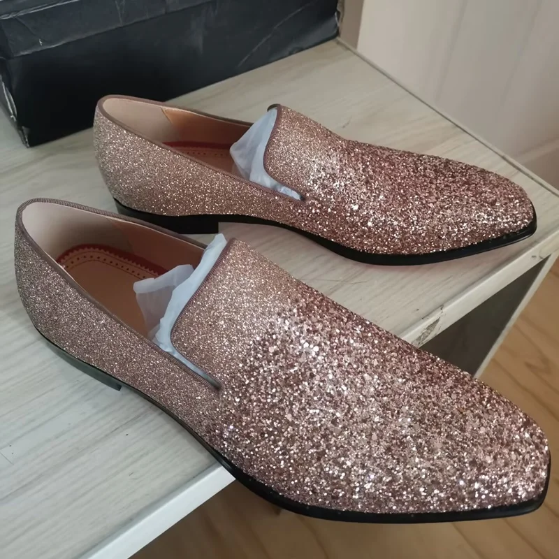 New High Quality Sequin Shoes Man Rose-gold Glitter Loafers Dress Shoes Slip On Moccasins Flats Party Shoes