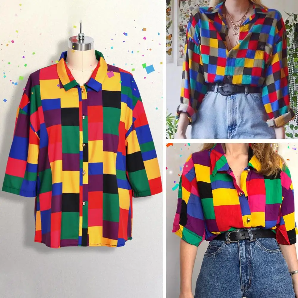 Womens Blouse Top Geometric Patterns Colorful Harajuku Vintage Shirt Streewear Summer Women Loose Clothes