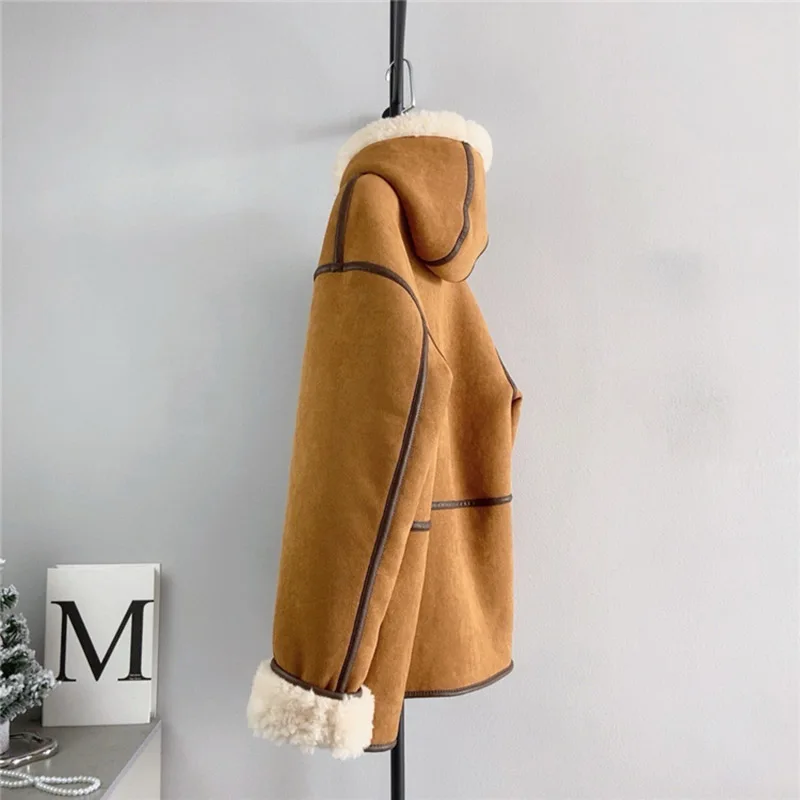 Real Wool Hooded Motocyle Coats Women Winter New Single Breasted Doubled-Faced Fur Overcoats Fashion Thick Warm Fur Jackets Tops